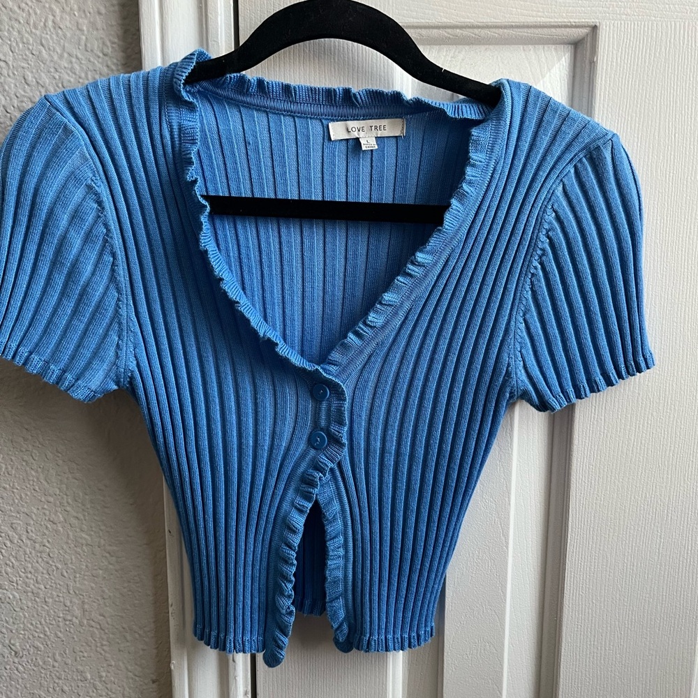 Love Tree Blue Ribbed Button-Up Cardigan